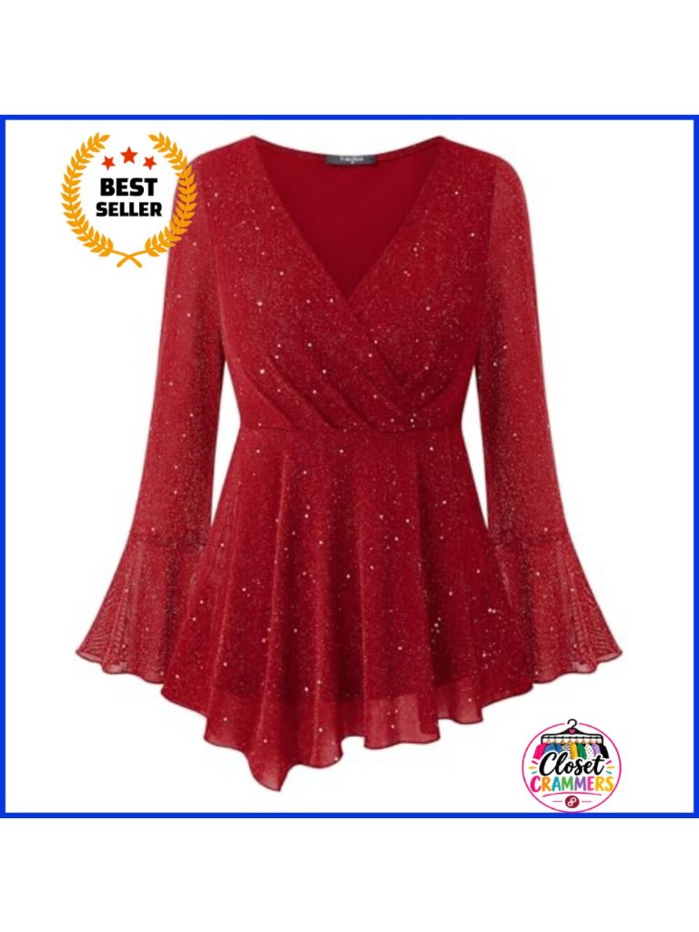 Womens Sparkly Sequin V Neck Wrap Blouse Long Sleeve Party Top